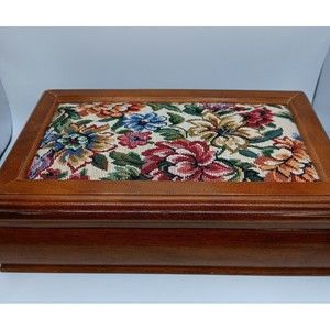 Vintage Mele Jewelry Box Wood & Fabric on Top, Mirror , Two Tier, Removable Tray